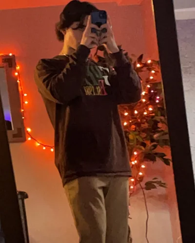 A mirror portrait with a dark sweatshirt in a warm-lit room.